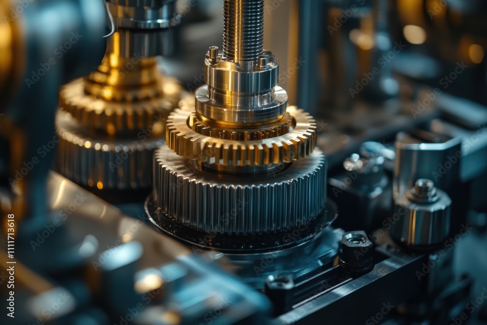 Close-Up of Industrial Machine Gears in Motion with Golden and Silver Tones Highlighting Precision Engineering and Mechanical Design Close-Up of Industrial Machine Gears in Motion with Golden and Silver Tones Highlighting Precision Engineering and Mechanical Design