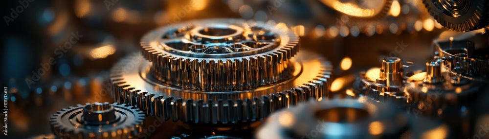 Intricate Close-Up of Interlocking Metal Gears in a Mechanical System with Warm Lighting and Depth of Field Intricate Close-Up of Interlocking Metal Gears in a Mechanical System with Warm Lighting and Depth of Field