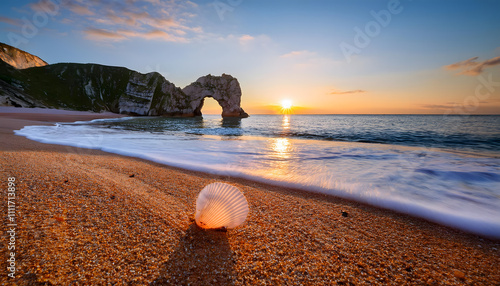 Beauty of Durdle Door at sunset with a seashell on golden sand photo