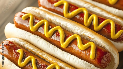 Delicious hot dogs with mustard on a wooden surface, perfect for summer gatherings.