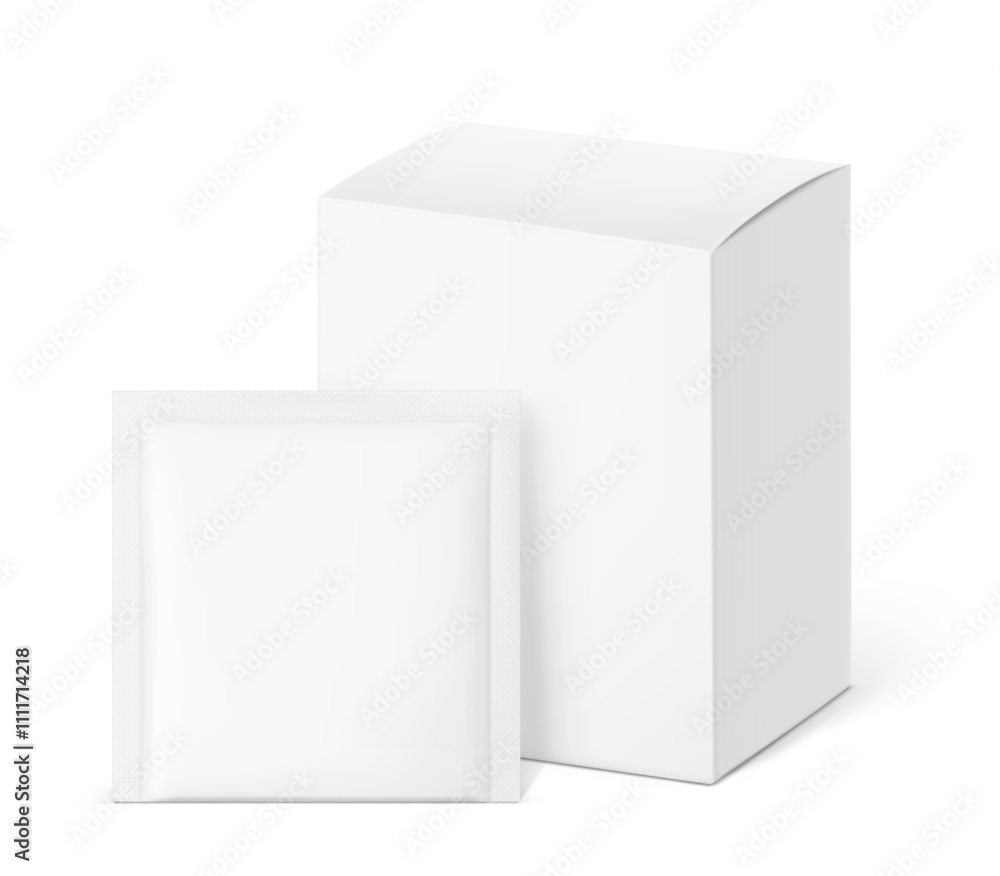 Realistic white closed paperboard box with sachet mockups. Vector illustration isolated on white background. Taking your 2D designs into 3D. Can be use for pharmacy, food, cosmetic and other. EPS10. Realistic white closed paperboard box with sachet mockups. Vector illustration isolated on white background. Taking your 2D designs into 3D. Can be use for pharmacy, food, cosmetic and other. EPS10.