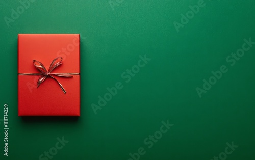 Red Christmas gift on green background, lots of white space 