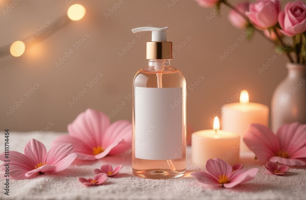 Mock up for spa salon: blank white label for text on cosmetic jar in festive romantic spa salon setting. Relaxing atmosphere of massage spa salon: candles, aromatherapy, flowers, rose petals, dim ligh Mock up for spa salon: blank white label for text on cosmetic jar in festive romantic spa salon setting. Relaxing atmosphere of massage spa salon: candles, aromatherapy, flowers, rose petals, dim ligh