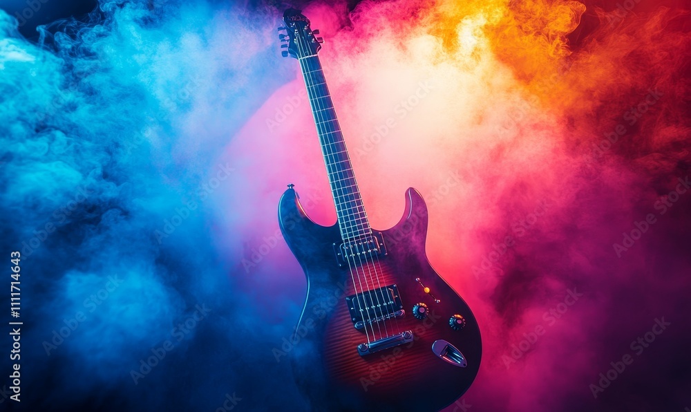 Obraz premium Electric guitar, smoky, colorful background.