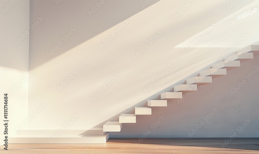 Minimalist white staircase with wooden floor and sunlight shining through a window Minimalist white staircase with wooden floor and sunlight shining through a window