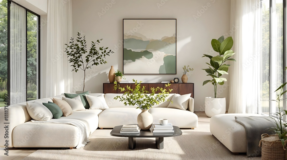 Modern Living Room with Cream Sofas and Green Botanical Accents (Interior Design) Modern Living Room with Cream Sofas and Green Botanical Accents (Interior Design)