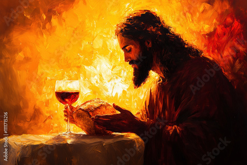 Eucharist Art: Jesus Blessing Bread and Wine in Glowing Warm Abstract Realism photo