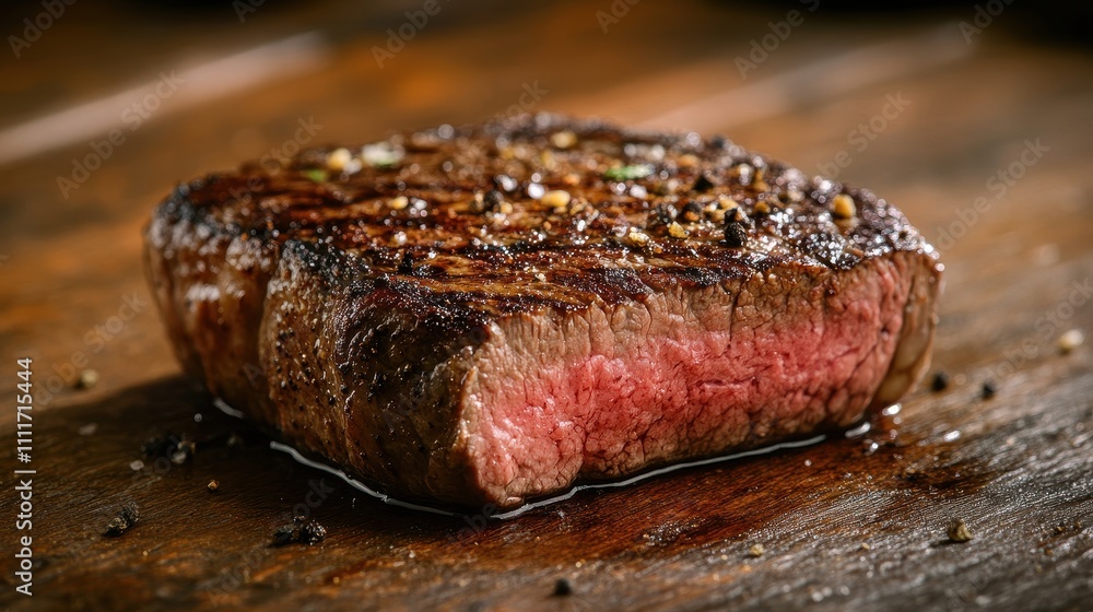 Juicy grilled steak, seasoned with peppercorns, rests on a rustic wooden board. Perfect for restaurant menus, food blogs, or steakhouse advertising. Juicy grilled steak, seasoned with peppercorns, rests on a rustic wooden board. Perfect for restaurant menus, food blogs, or steakhouse advertising.