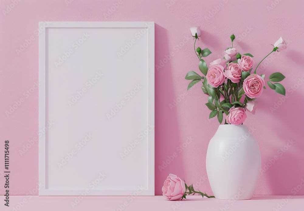 A white picture frame with a white vase of pink roses on a pink background A white picture frame with a white vase of pink roses on a pink background