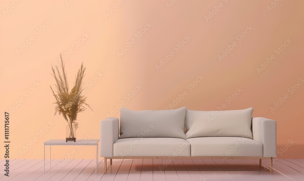 A minimalistic living room interior with a white sofa. a side table with a vase of dried grass. and a light peach wall A minimalistic living room interior with a white sofa. a side table with a vase of dried grass. and a light peach wall
