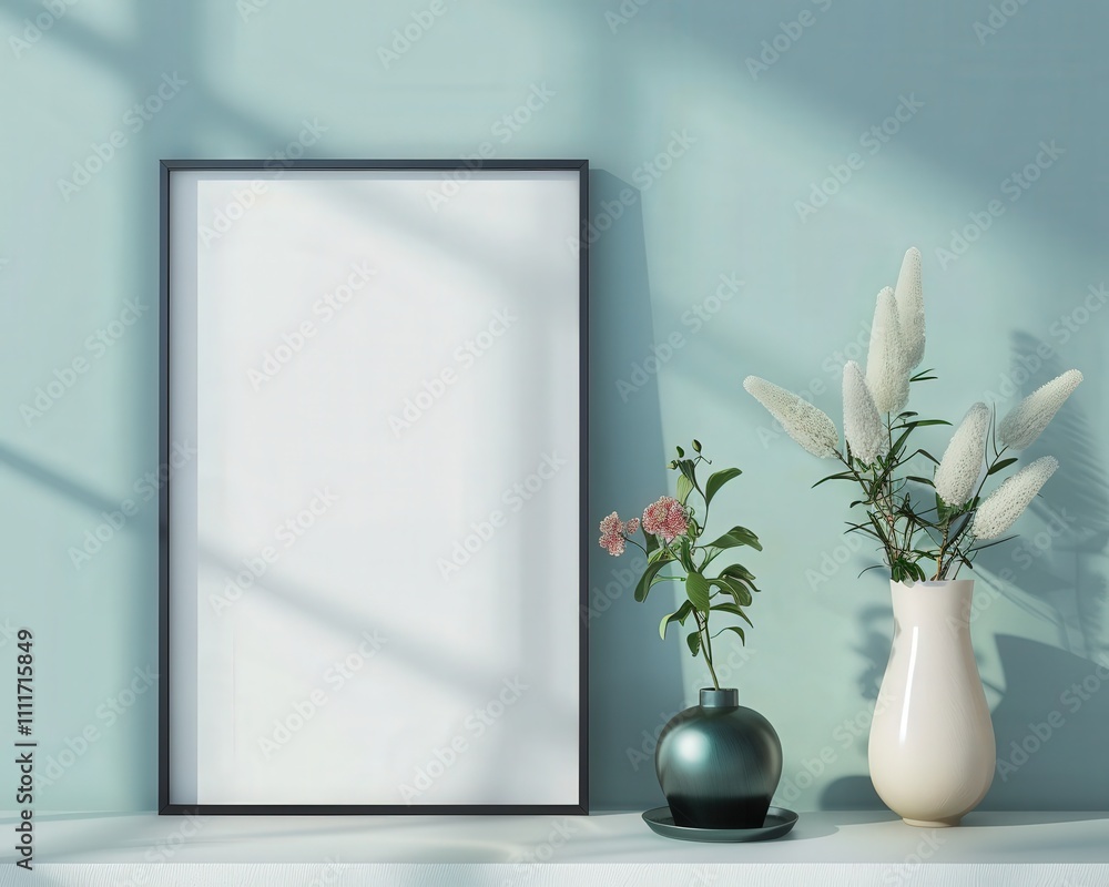 Blank frame mockup with flowers and vases on a shelf against a light blue wall Blank frame mockup with flowers and vases on a shelf against a light blue wall