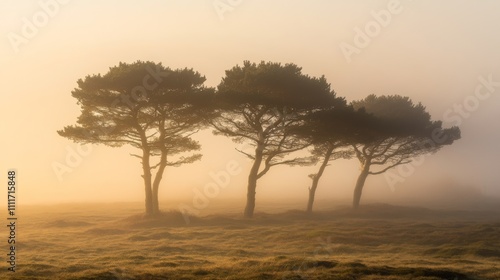 Three Silhouetted Trees in a Misty Meadow at Dawn