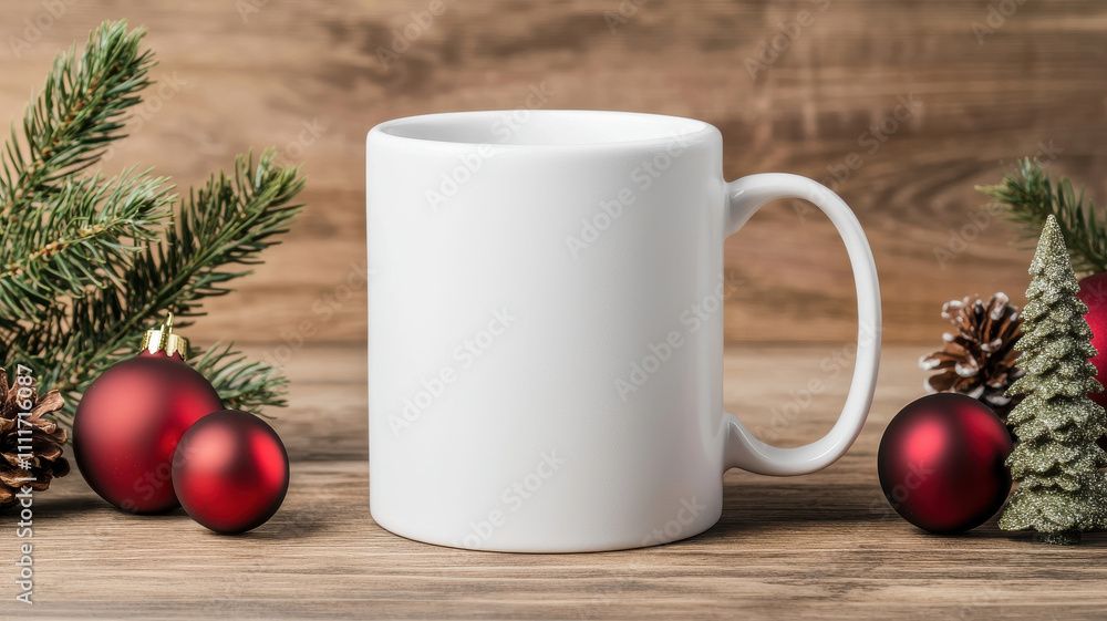 plain white mug surrounded by festive decorations and greenery plain white mug surrounded by festive decorations and greenery