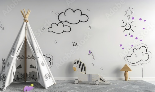 A white teepee tent with black and white patterns sits in a minimalist children s playroom. next to a rocking horse and other toys The white wall is adorned with hand-drawn clouds. a sun. and a kite photo