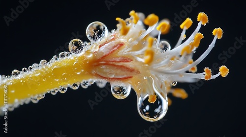 Dewdrops Adorn a Yellow Flower Pistil Close Up photo