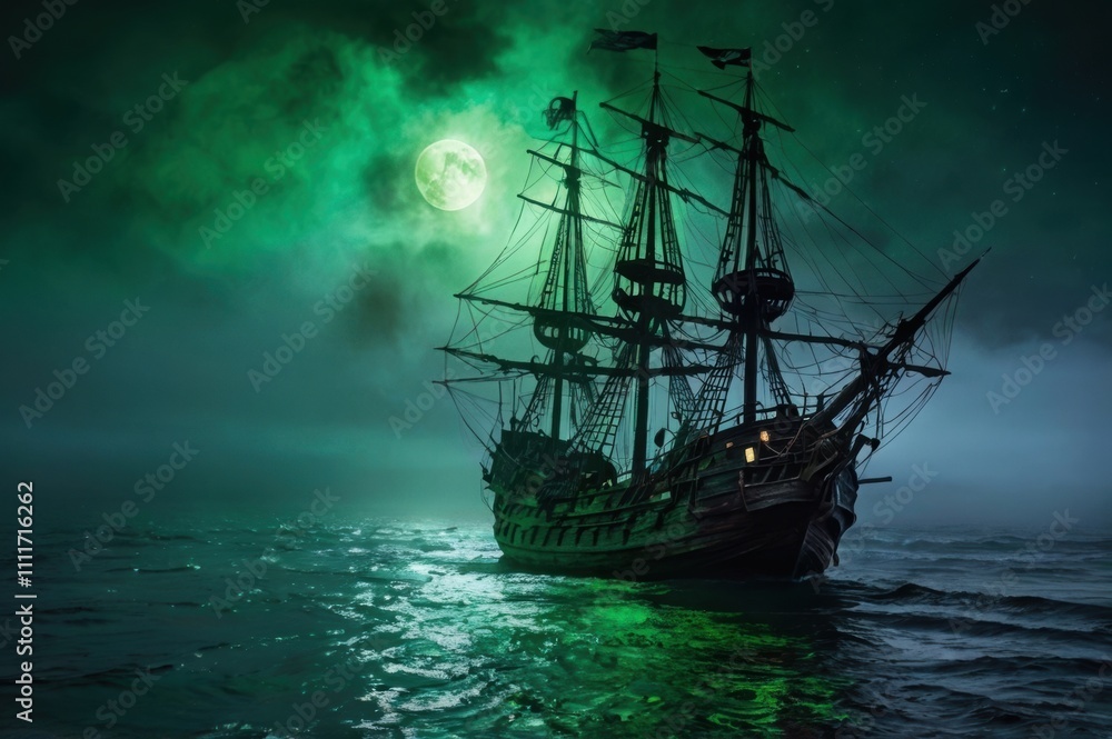 A haunted pirate ship with glowing green lights sailing through a foggy, moonlit sea. A haunted pirate ship with glowing green lights sailing through a foggy, moonlit sea.