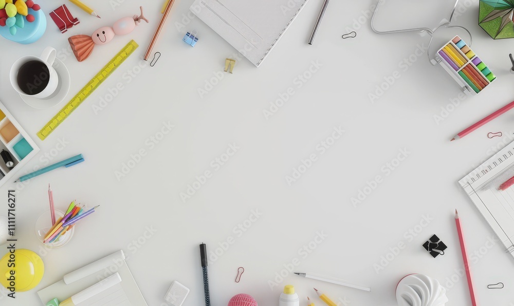 Flat lay of a white desk with colorful school supplies and office stationery arranged around the edges. creating a blank space in the middle Flat lay of a white desk with colorful school supplies and office stationery arranged around the edges. creating a blank space in the middle
