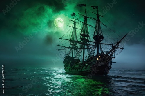 A haunted pirate ship with glowing green lights sailing through a foggy, moonlit sea. photo