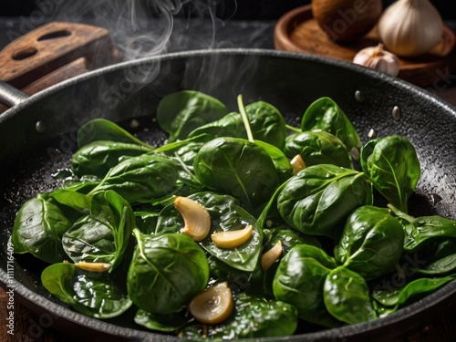 Spinach being sautéed in a frying pan with garlic and olive oil, steam rising and golden brown edges. photo