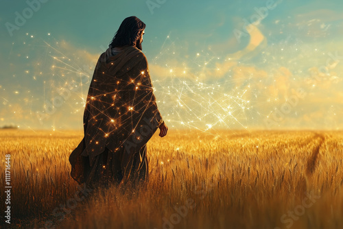 Glowing Wheat Field Scene of Jesus with Abstract Divine Blessings and Symbols of Abundance photo