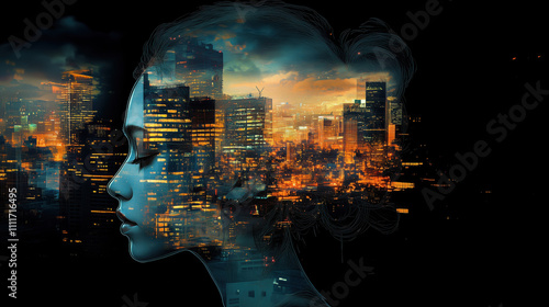 Digital Portrait with Double Exposure Effect Blending a Silhouette with a Vibrant Cityscape photo