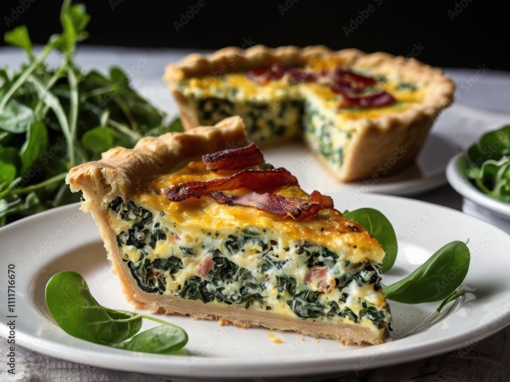 Spinach and bacon quiche, sliced to show the fluffy, creamy filling, with a side of mixed greens. Spinach and bacon quiche, sliced to show the fluffy, creamy filling, with a side of mixed greens.