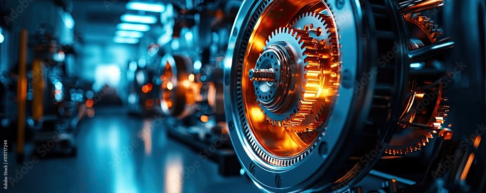 Close-up of futuristic gears with glowing elements, industrial background Close-up of futuristic gears with glowing elements, industrial background