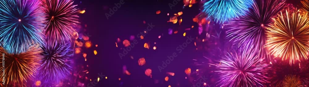 Fireworks are lit up in the night sky with a purple background Fireworks are lit up in the night sky with a purple background