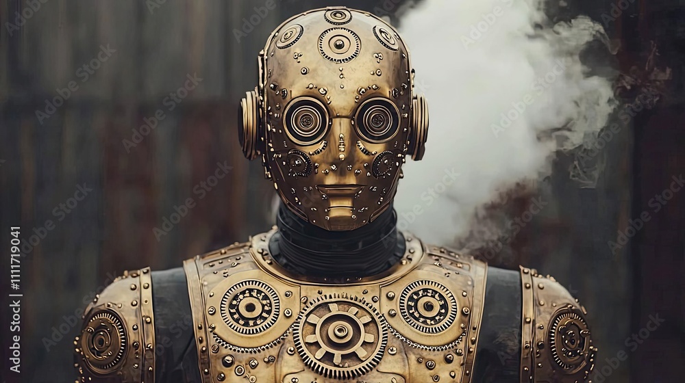 Obraz premium Steampunk robot with intricate gears and steam, isolated on a white background.