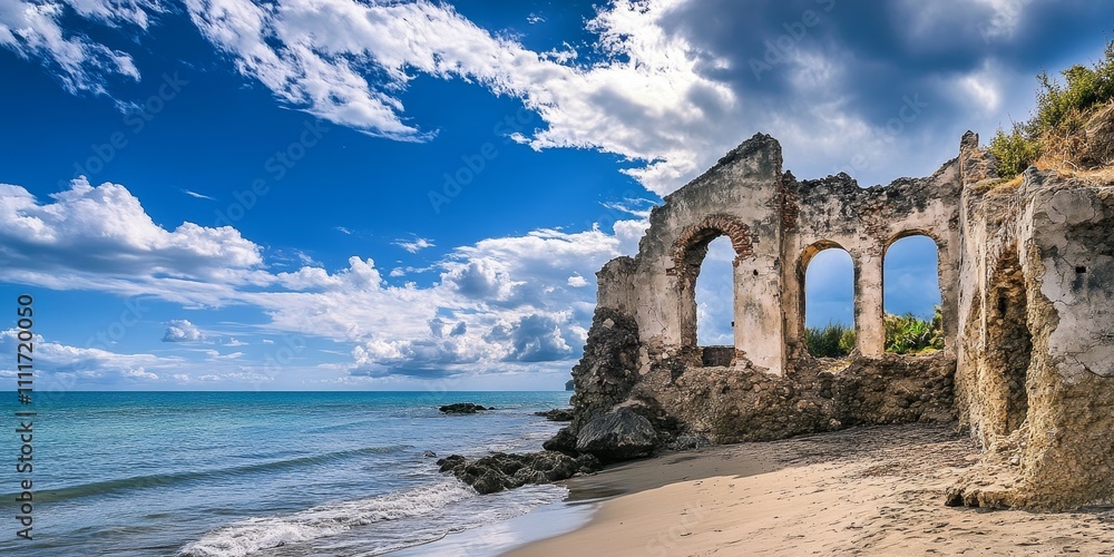 Scenic ruins on the beach under a bright blue sky create a captivating landscape. Explore the beauty of these ruins set against the vibrant hues of the blue sky by the beach. Scenic ruins on the beach under a bright blue sky create a captivating landscape. Explore the beauty of these ruins set against the vibrant hues of the blue sky by the beach.