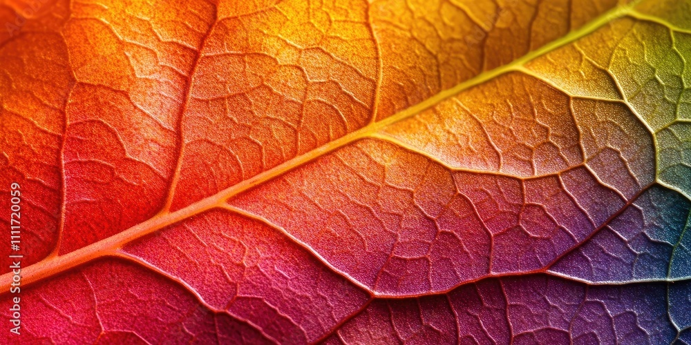 Obraz premium Close up texture of a colorful leaf, perfect for use as a background or wallpaper, showcasing the intricate details and vibrant colors found in the natural texture of leaves.