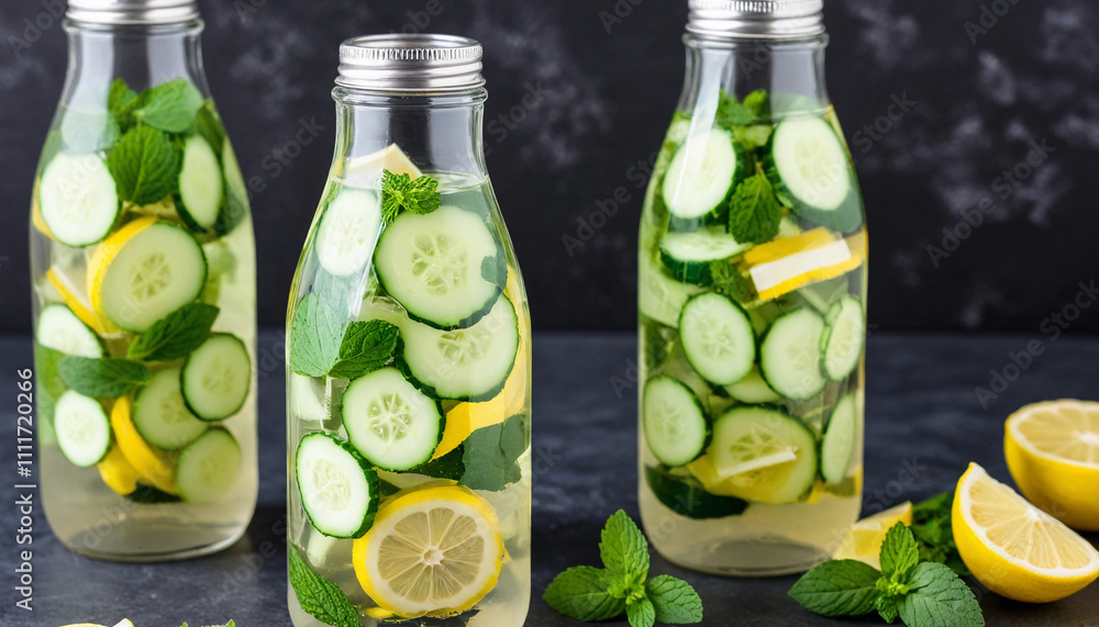 Detox Water Bottles: Glass bottles filled with infused water, featuring slices of cucumber, lemon, and mint leaves. Detox Water Bottles: Glass bottles filled with infused water, featuring slices of cucumber, lemon, and mint leaves.