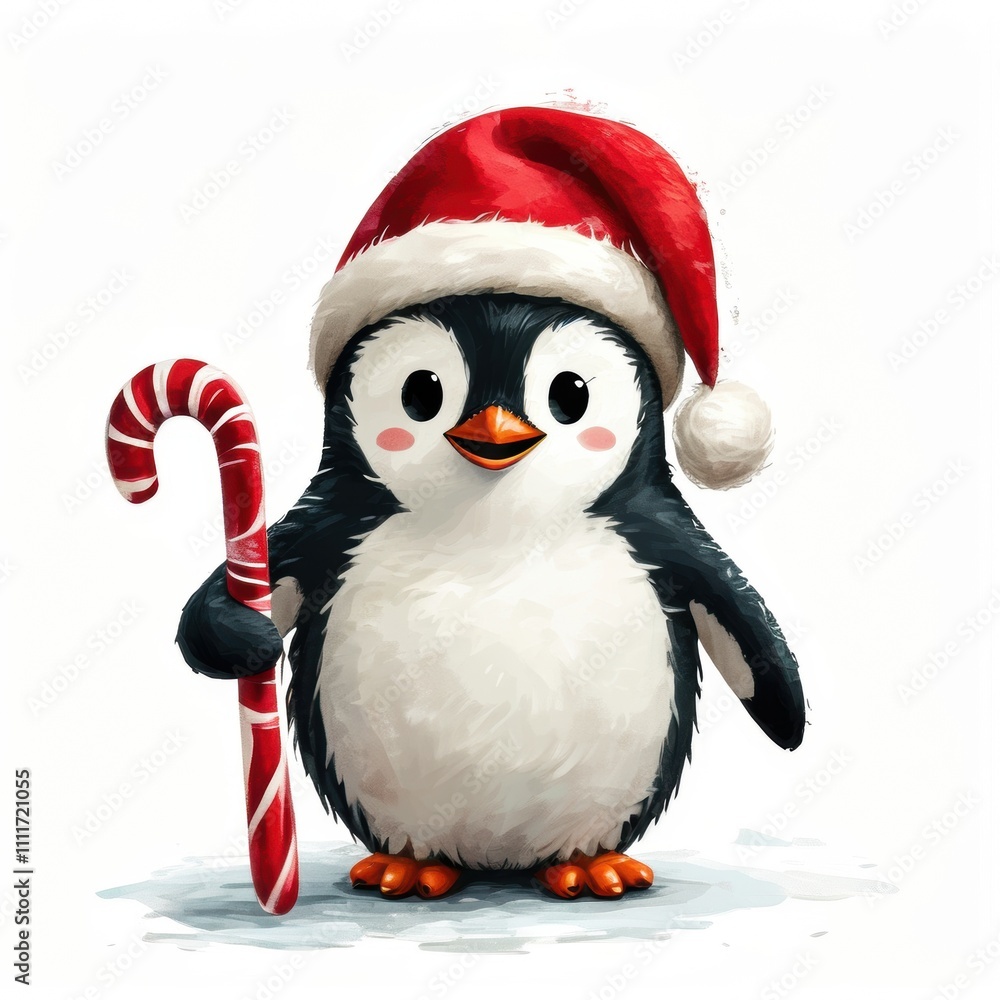 Festive penguin with santa hat and candy cane for christmas cheer Festive penguin with santa hat and candy cane for christmas cheer