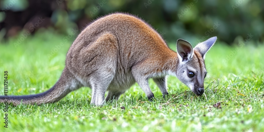 Red necked wallaby, also known as Bennett s wallaby, forages on grass. This red necked wallaby is actively engaged in eating delicious grass, showcasing its natural feeding behavior. Red necked wallaby, also known as Bennett s wallaby, forages on grass. This red necked wallaby is actively engaged in eating delicious grass, showcasing its natural feeding behavior.