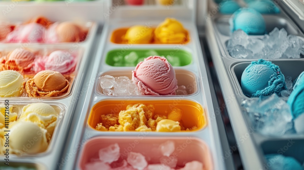 Assorted ice cream scoops in various flavors, displayed in individual containers with ice. Perfect for summer, dessert, and sweet treat themed projects. Assorted ice cream scoops in various flavors, displayed in individual containers with ice. Perfect for summer, dessert, and sweet treat themed projects.