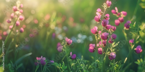 Close up of Lathyrus vernus flowers in a vibrant meadow, showcasing the delicate beauty of Lathyrus vernus in its natural habitat, surrounded by lush greenery and blooming flora.