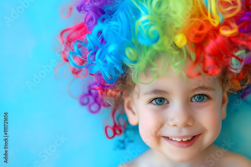 Happy child with smiling face wearing colorful wig on color background.