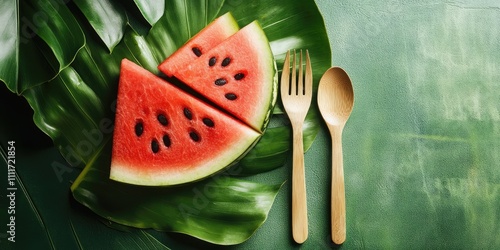 Fresh watermelon placed on a banana leaf alongside a wooden fork and spoon, creating a vibrant and tropical presentation of watermelon that s perfect for any culinary scene. photo