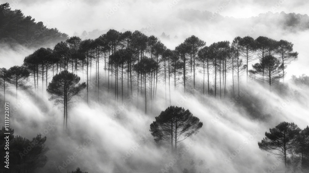 Fototapeta premium A Black and White Foggy Forest with Silhouetted Trees