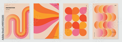 Collection of 70s color gradient poster background vector. Set of retro wall decoration, groovy, trippy, geometric shape. Vintage hippie wall art for interior, decorative, banner, cover, card.