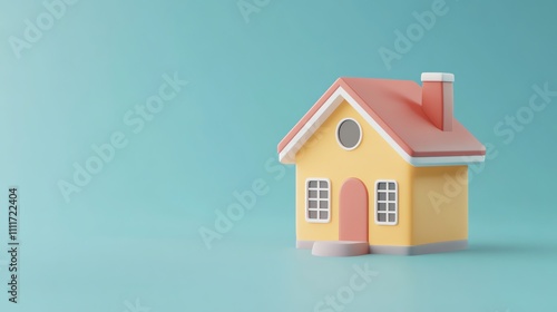 A simple 3D rendering of a yellow house with a pink roof and door on a blue background.