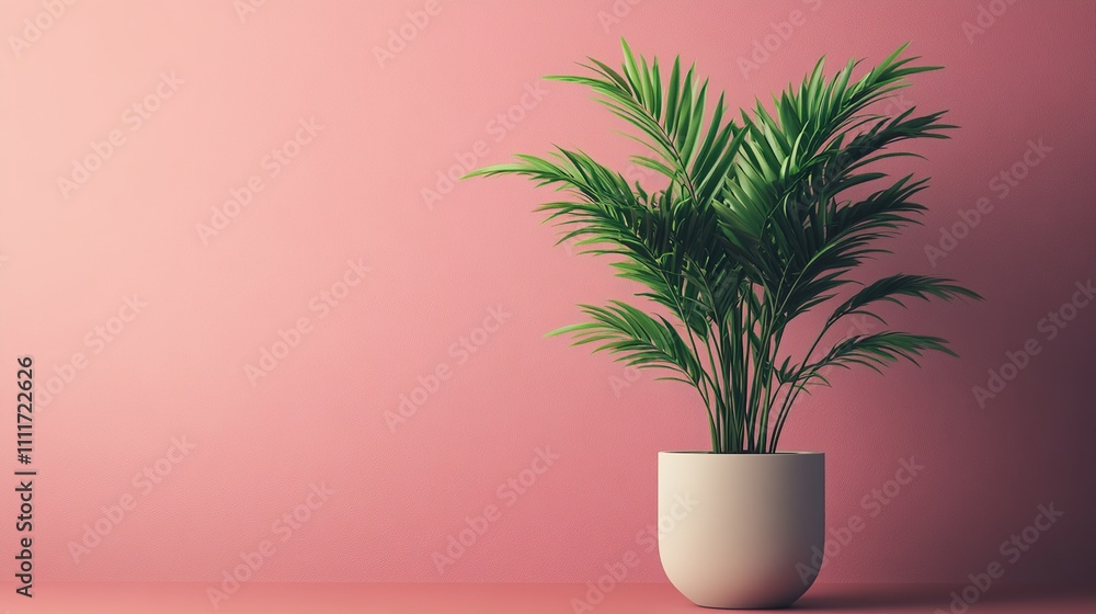 Fototapeta premium Pink Minimalist Interior with a Lush Green Palm Plant in a White Pot