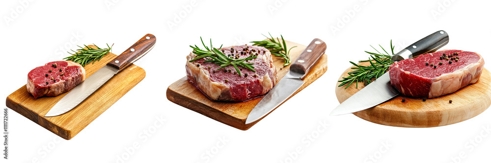 Collection of Continuous shooting of raw meat on the bone with rosemary and a large knife on a wooden board, on Transparent PNG format Background. Generative AI Collection of Continuous shooting of raw meat on the bone with rosemary and a large knife on a wooden board, on Transparent PNG format Background. Generative AI