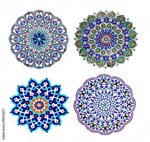 Set of round detail of ancient mosaic walls with floral and geometric ornaments. Collection of ceramic circles with traditional iranian tile decorations. Isolated on white background photo