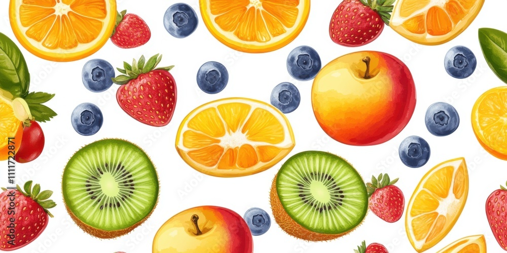 Vibrant Fruit Medley: A Colorful Collection of Sliced Oranges, Strawberries, Kiwis, Apples, and Blueberries Vibrant Fruit Medley: A Colorful Collection of Sliced Oranges, Strawberries, Kiwis, Apples, and Blueberries