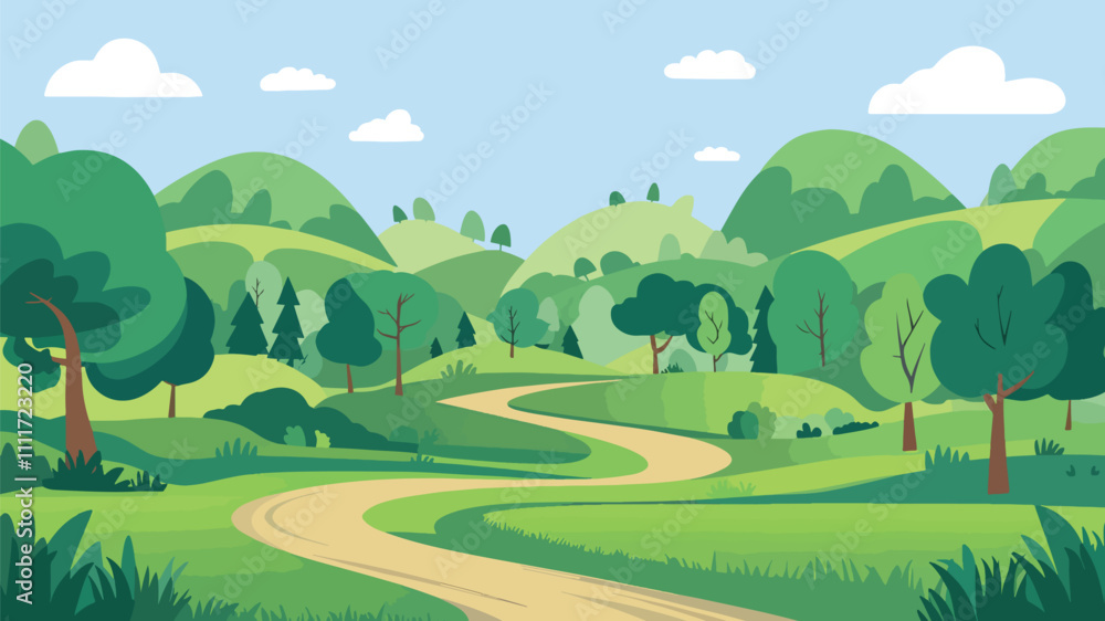 Fototapeta premium Lush Green Landscape, Rolling Hills and Winding Path, Peaceful Nature Illustration