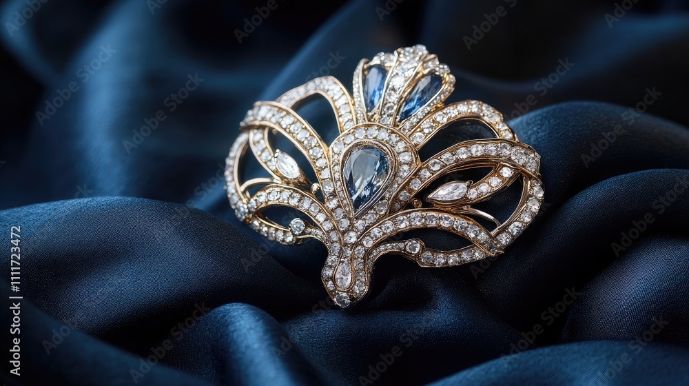 Elegant Gold Brooch with Blue and Clear Rhinestones on Fabric Elegant Gold Brooch with Blue and Clear Rhinestones on Fabric