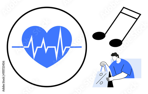 Heart with heartbeat line in a circle, music note, and person holding shopping bags. Ideal for health, fitness, retail, music, lifestyle well-being marketing. Line metaphor