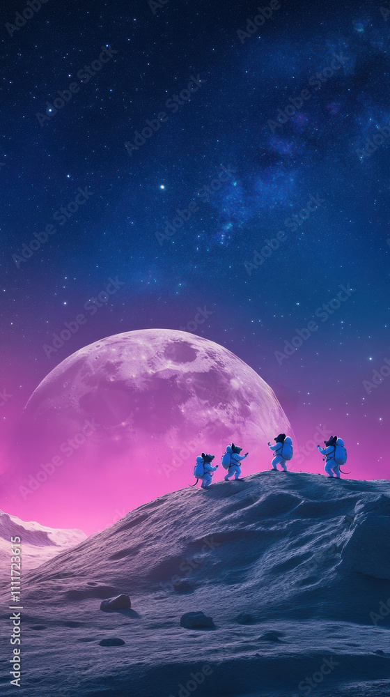 Fototapeta premium Astronauts gaze at a vibrant moonrise on an alien landscape under a starry sky, AI