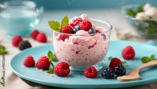 A glass bowl of pink dessert topped with raspberries and blueberries. Fresh berries surround the bowl.